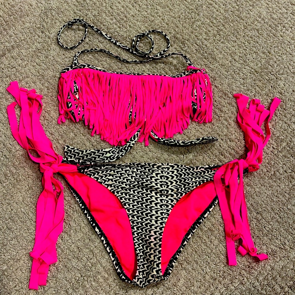 Bikini! Size: Medium - Black, white, & hot pink with fringe! Super Cute!!